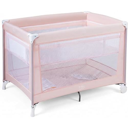 BABY JOY Pack and Play with Bassinet, Portable Pink Playard for Baby