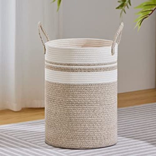 VIPOSCO Large Laundry Hamper, Tall Woven Rope Storage Basket for Blanket, Toys, Dirty Clothes in Living Room, Bathroom, Bedroom - 58L Brown & White