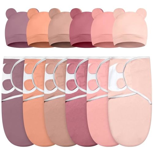 6 Pack Swaddle Blanket with Hats for Baby Girl Boy 100% Cotton Swaddles 0-3 Months, Adjustable Breathable Skin Friendly Receiving Blanket Wrap, Essential for Newborns(Simple,Solid Pink)