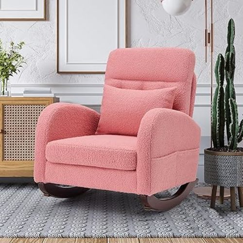 Nursery Rocking Chair, Ultra Comfortable Upholstered High-Back Rocking Chair Nursery with Side Storage Pocket & Sturdy Rubber Wood Legs, Perfect for Baby Nursery & Living Room (Pink)