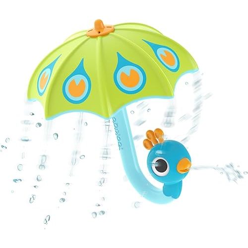 Yookidoo Baby Bath Toy (Ages 1-3) Green Peacock Umbrella Water Sprinkler with 3 Moving Pieces (Mold Free) - Fill with Water for Bubbles, Spinning & Sprinkler Effects - Toddler Bath Time & Pool Fun