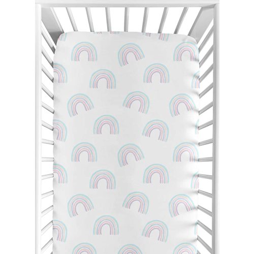 Sweet Jojo Designs Pastel Rainbow Girl Fitted Crib Sheet Baby or Toddler Bed Nursery - Blush Pink, Purple, Teal, Blue and White