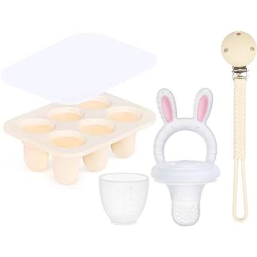 Baby Fruit Feeder Pacifier Set, BPA Free Baby Breast Milk Popsicle Teether Food Grade Silicone Baby Feeder with Freezer Tray and Pacifier Chain (White Rabbit)