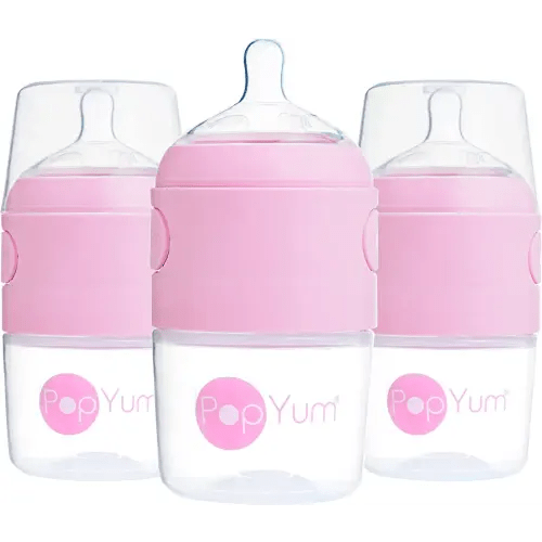 PopYum 5 oz Pink Anti-Colic Formula Making/Mixing/Dispenser Baby Bottles, 3-Pack with #1 Slow Flow Nipples, 150 ml, BPA-Free, Natural Latch
