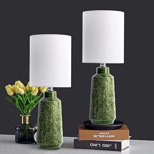18”Ceramic Table Lamp Green Nightstand Pottery Lamp Set of 2 with White Shade Modern Bedside Desk Lamps with Leaf Pattern for Living Room Bedroom Farmhouse Dining Room Enterway