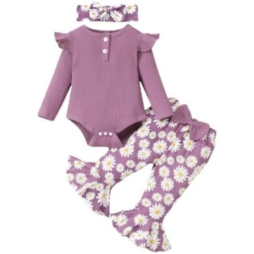 Kislio Newborn Baby Girls Clothes Ribbed Ruffled Romper+Floral Pants+Headband Infant Outfit Set