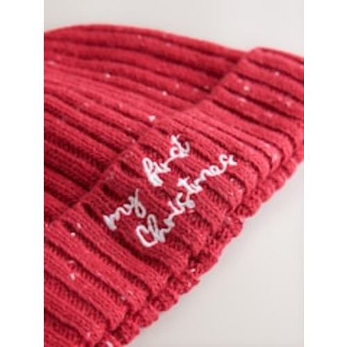 Red My First Christmas Embroidered Knitted Beanie Baby Hat (First Size) from Next USA