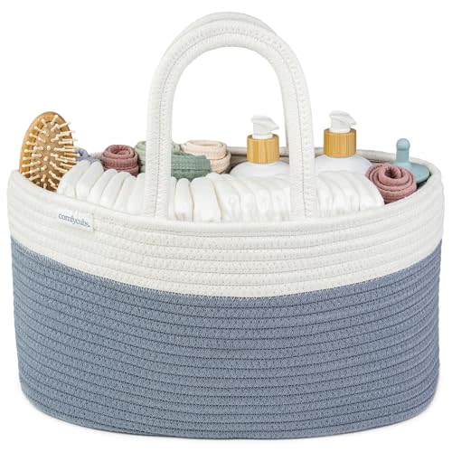 Comfy Cubs Rope Diaper Caddy Organizer 8.5" x 15" x 8" - Large Baby Diaper Basket with 3 Spacious Compartments - Stylish Cotton Baby Caddy Organizer for Diapers, Wipes & Essentials - Pacific Blue