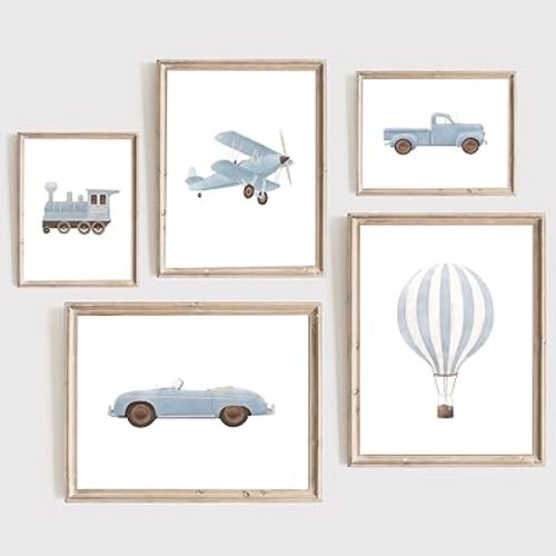 Boy Nursery Wall Art Boys Room Wall Decor Kids Toddler Canvas Wall Art Vintage Car Poster Blue Train Art Pictures Watercolor Vehicle Prints for Boys Bedroom Nursery 8x10x5 Inch Unframed