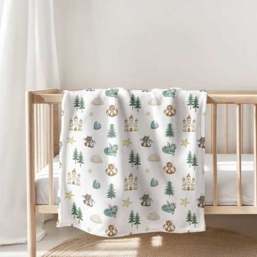 Whimsical Fairytale Blanket. Dragon Swaddle. Gender neutral baby gift. Dragons, Castles, clouds, and trees. Storybook nursery. Newborn gift.
