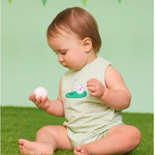 Putt Practice Baby Gingham Romper in Green | Tullabee
