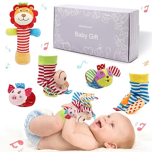 BLOOBLOOMAX Wrist Rattles Foot Finder Rattle Toy for 0-4 Months Baby, Feet Leg Ankle Socks Arm Hand Bracelet Shaker for 4-8 Months Infant boy & Girl, Gift Set for 0-1 Years Newborn Babies (5 pcs-B)