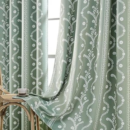 Black Out Curtains 72 Inch Long,Sage Green Curtain for Living Room Bedroom,100% Blackout Boho Floral Curtains 2 Panels,Cottage Core Western Drapes