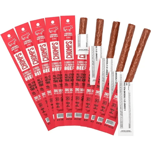Chomps Grass-Fed and Finished Original Beef Jerky Snack Sticks 10-Pack - Keto, Paleo, Whole30, 10g Lean Meat Protein, Gluten-Free, Zero Sugar Food, Stocking Stuffer