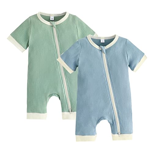 Bafeicao Unisex Baby Boy Girl 2 Pack Rompers Short Sleeve Two Way Zipper Romper One Piece Jumpsuits Clothes Sets