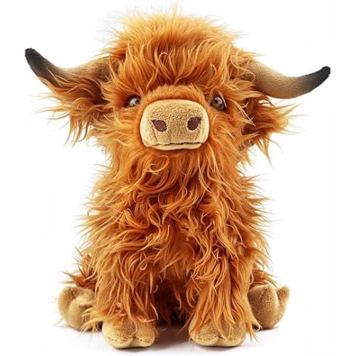 Highland Cow Stuffed Animal Farm Toy, ‘’10.5‘’ inch Realistic Highland Cow Plush, Scottish Cow Plush Toy, Farm Animal Cattle Plush Decor Gifts for Adults Kids Baby Girls Boys (Brown)