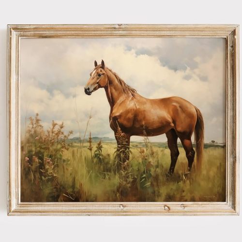 Horse Art Print - 11x14 (Unframed) | Stallion in Field Painting | Farmhouse Home Decor | Vintage Equestrian Artwork | Gift for Horse Lovers | Western Style Art
