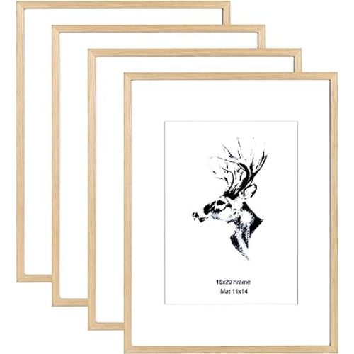 Yaetm 16x20 Picture Frame Matted to 11x14 Set of 4, Natural Solid Oak Wood 16x20 Frame for Gallery Wall, Photos, Posters & Art Prints, Horizontal and Vertical Wall Mount (4 pack, Oak)