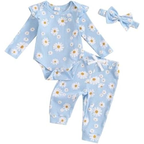 Newbron Baby Girl Fall Clothes Daisy Ribbed Knitted Long Sleeve Romper Long Pants 3 Pcs Infant Girl Winter Outfit