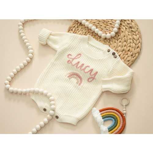 Infant Baby Personalized Hand Embroidered Knit Sweater Romper, Newborn Home Coming Custom Romper, Newborn Embroidered Name Baptism Sweater