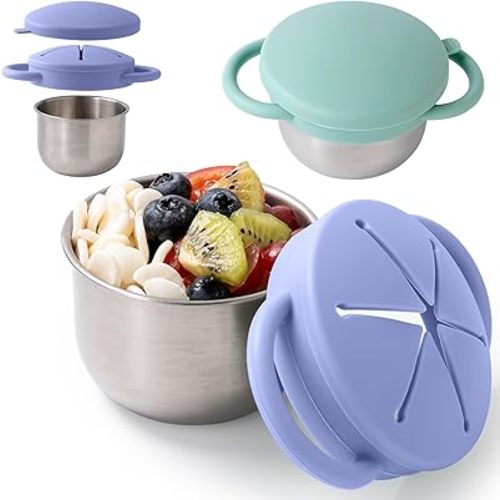 2 Pack Snack Containers for Toddlers, Stainless Steel Toddler Snack Cups with Silicone Food Catcher & Lids,Snack Cups for toddlers Spill Proof