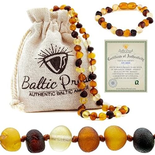 Baltic Proud Raw Amber Necklace and Bracelet Gift Set (Unisex Multi 12.5 Inches/5.5 Inches) - Certified Premium Quality Sea