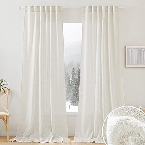 RYB HOME 108 inch Curtains - Flax Linen Blend Semi Sheer Light Glare Filtering Semi Sheer Drapes for Living Room Dining Doorway Farmhouse Office, Linen, Wide 52" by Long 108", 2 Panels