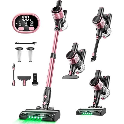 Cordless Vacuum Cleaner, 8 in 1 Powerful Suction Lightweight Vacuum Cleaner for Home, LED Display, 3 Suction Modes, 45Mins Detachable Battery Vacuum for Hard Floor Carpet Pet Hair, Pink