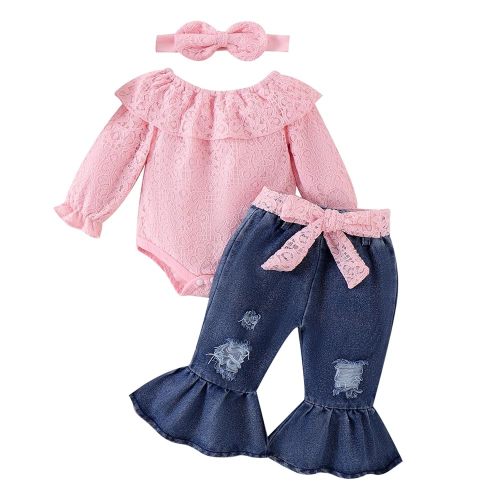 Baby Girl Clothes Lace Off Shoulder Romper Flare Jeans Pants Headband and Belt 4pcs Outfit 3-24 Months