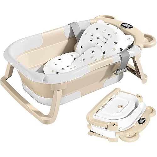 TPN Collapsible Baby Bathtub for Infants to Toddler with Real-time Temp Monitor+Floating Cushion,Foldable Baby Bath Tub Set Applicable 0-36 Month,Perfect Portable Travel Baby Tub for Newborns Boy