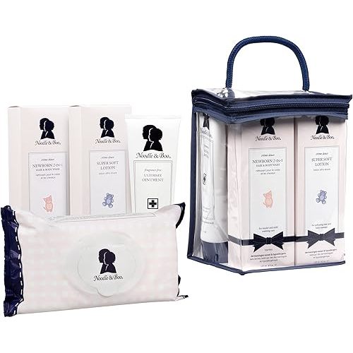 Noodle & Boo Newborn Daily Essentials 4 Piece Gift Set | Newborn 2-in-1 Hair and Body Wash(8 Oz), Super Soft Baby Lotion(8 Oz), Ultimate Diaper Rash Ointment(5 Oz) & Ultimate Cleansing Baby Wipes(72)
