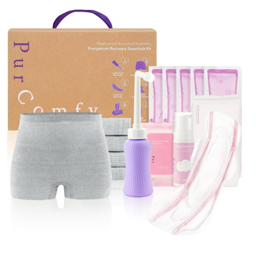PurComfy 18 Pcs Postpartum Essentials Recovery Kit, Includes 5 Disposable Underwear, 24 Perineal Pad Liners, Perineal Care Foam, 5 Instant Ice Pads, Peri Bottle and 5 Postpartum Pads