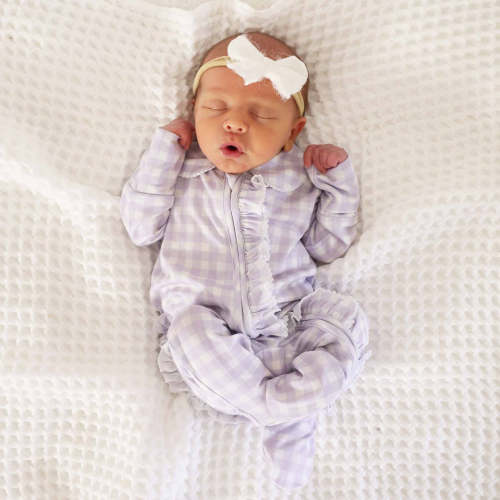 Caden Lane: Peter Pan Collar Ruffle Zipper Footie | Lilac Gingham, Newborn Size