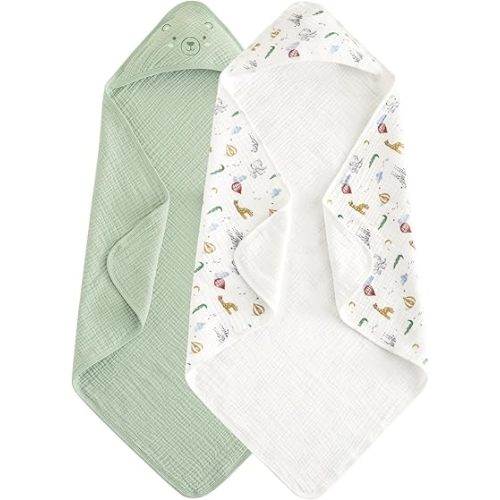 david's kids 2 Pack Hooded Baby Towels, Large 32"x32", 6 Layer 100% Muslin Cotton Highly Absorbent Boy Girl Bath Towel for Infant Toddler and Kids, Ultra Soft and Breathable Baby Essentials, Animals