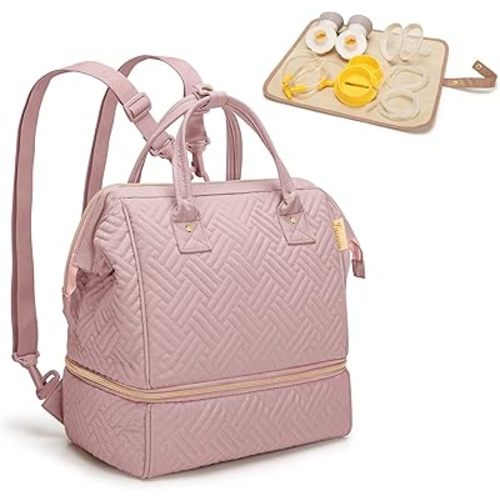 Fasrom Small Breast Pump Bag Backpack with Cooler Compatible with Medela and Elvie Pumps, Wearable Pumping Tote Bag with Waterproof Mat for Working Moms (Patent Design), Pink