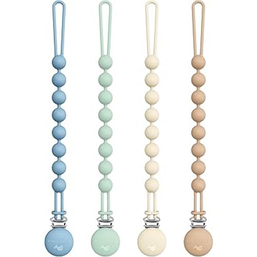 Cuddle Campus Silicone Pacifier Clip Holder with One Piece Design, Pack of 4 Soft Flexible Binky Clips for Baby Boy and Girl Set 1(3M+)