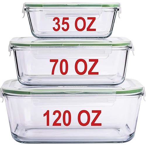 LARGE Glass Containers for Food Storage with Locking Lids Baking Dish Set 3 120 OZ/70 OZ/35 OZ Meal Storing Serving Leakproof Ovensafe