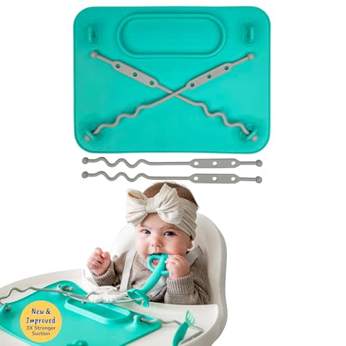 BUSY BABY Silicone Mat - NEW and Improved Suction Cups, 4 Straps to Secure Baby Essentials, Self Feeding, Baby Led Weaning, Travel Sleeve Included (Spearmint)