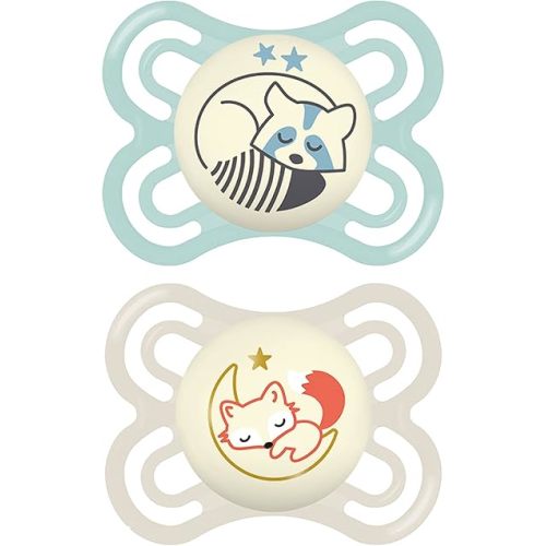 MAM Perfect Night Pacifiers (2 Pacifiers & Sterilizing Box), MAM Soother with a Soft Silicone Nipple, Glow in the Dark Pacifiers, Baby Essentials, Boy, 0-6 Months