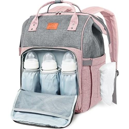KeaBabies Baby Diaper Bag Backpack - Large Baby Bag for Boys, Girls, Waterproof Multi Function Travel Diaper Backpack with Changing Pad, Durable Travel Essentials for Moms and Dads (Pink Gray)