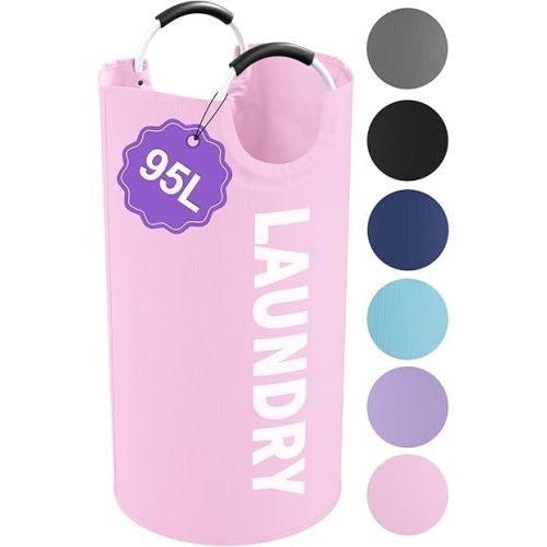 95L Large Laundry Basket with Handles, Foldable Clothes Hampers Stand Up Well, Waterproof Dirty Clothes Hamper, Rugged Laundry Basket for Flat, Dorm, Hotel, Pink