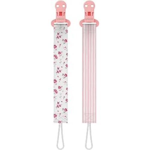 Dr. Brown's Fabric Pacifier Clips, Flowers/Stripes, 0-18 Months, 2-Pack | Flowers/Stripes, Pack of 2 Clips, Universal Fit, Fabric Strap for Pacifiers, BPA Free, 0-18 Months, 2-Pack
