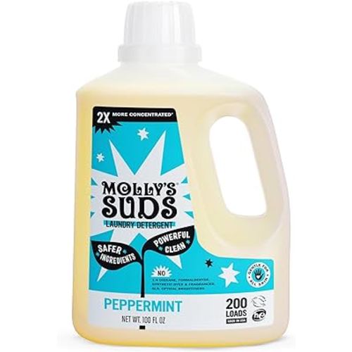 Molly's Suds Liquid Laundry Detergent | Clean Laundry Detergent Soap for Sensitive Skin | 2x Concentrated, High Efficiency (HE) (Peppermint - 200 Loads)
