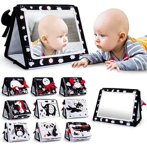 Tummy Time Mirror, Baby Tummy Time Toys with Soft Book, Black and White High Contrast Baby Toys, 3D Activity Sensory Montessori Toys Crawling Mat