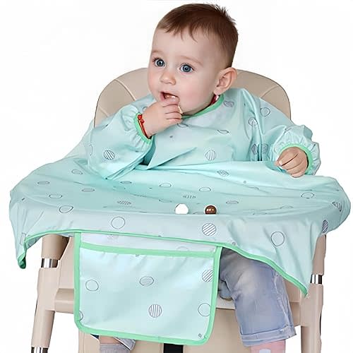 MOTEERLLU Coverall Baby Feeding Bib for Eating,Long Sleeves Bib Attaches to Highchair and Table,Weaning Bibs