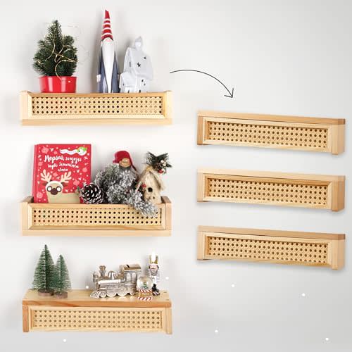 Rattan Shelf 3 Pack, 16 inch Nursery Shelves for Wall, Rattan Decor Boho Shelves, Rattan Bookshelf for Nursery, Floating Book Shelves for Wall, Nursery Shelf, Nursery Book Shelves, Rattan Wall Shelf
