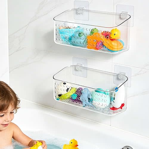 Eunion Bath Toy Storage 2 Packs, Large Bath Toy Holder, Quick Dry Bathtub Toys Organizer, Shower Caddy Shower Organizer for Bathroom Storage, No Drill Shelves Basket, Drainable, Clear White