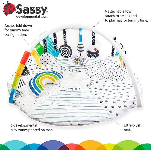 Sassy Stages STEM Developmental Play Gym - Alfombrilla de juego sensorial con instrucciones integradas (idioma español no garantizado), tapete de juego ultra afelpado y lavable a máquina para bebés y