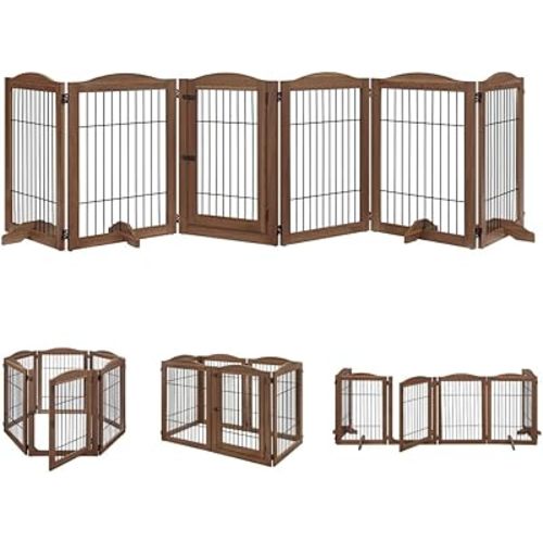 unipaws Pet Playpen with Wood and Wire, 6 Panels Extra Wide Freestanding Walk Through Dog Gate with 5 Support Feet, Foldable Stairs Barrier Pet Exercise Pen for Dogs Cats