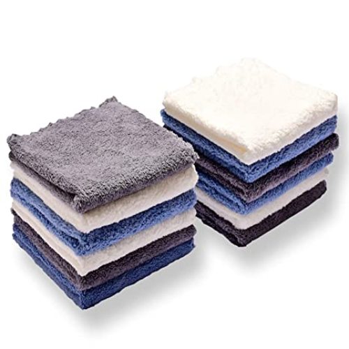 Baby Washcloths 12 Pack 12x12 Inches Microfiber Coral Fleece Extra Absorbent and Soft for Newborns, Infants and Toddlers-3 - White, Gray, Blue